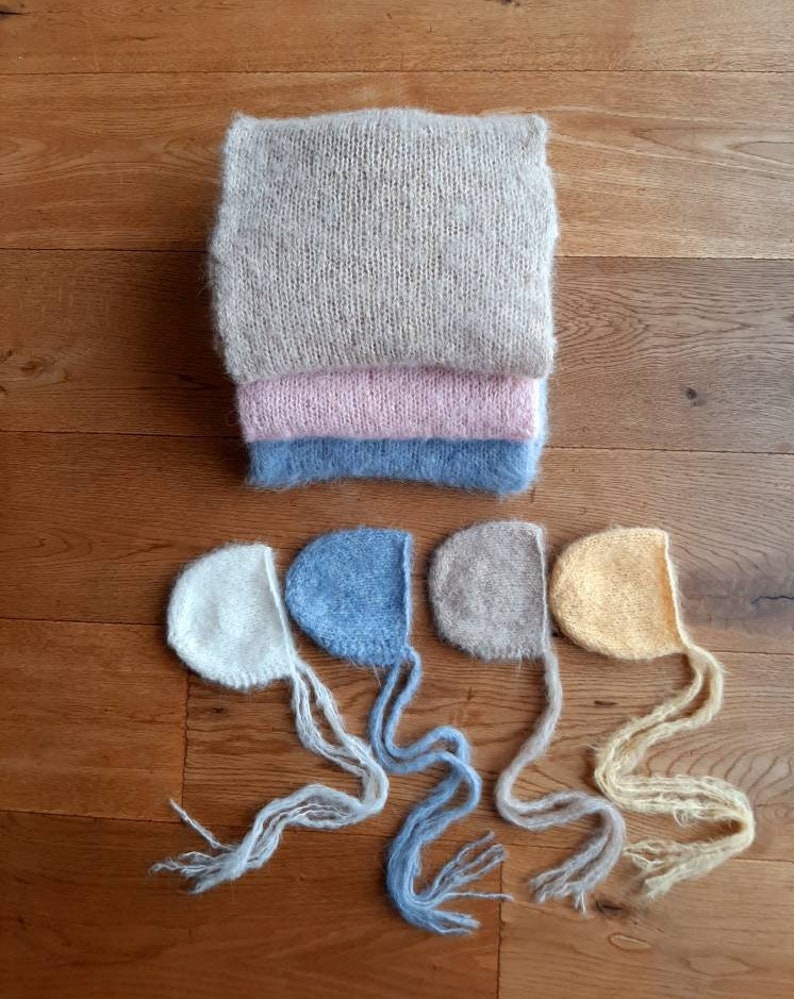 NEWBORN Photo Prop Fuzzy Classic bonnet and wrap set Knitted Newborn Prop