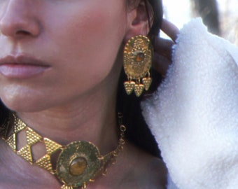 Boucles d'oreilles Sól en laiton et cabochon de citrine, âge du bronze nordique, Shieldmaiden, bijoux de la déesse