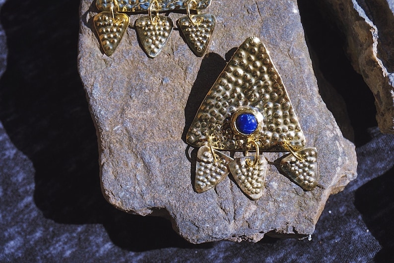 Máni Earrings of brass and Lapis Lazuli chabochon, Nordic Bronze Age, Shieldmaiden, Ancient Goddess Jewelry image 2