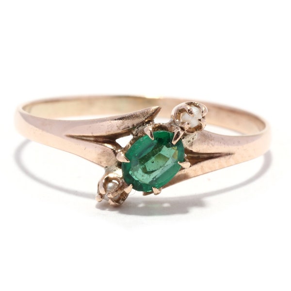 Victorian 10KT Yellow Gold Green Doublet Pearl Ring, Ring Size 6, Antique Green Ring, Bypass Ring