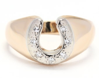 0.10ctw Vintage Diamond Horseshoe Ring, 14K Yellow Gold, Ring Size 6.5, Diamond Statement Ring