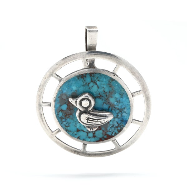 Vintage Peru Laffi Turquoise Bird Pendant, Sterling Silver, Length 2 Inches, Large Bird Pendant