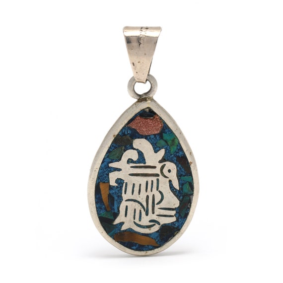 Mexican Teardrop Aztec Mosaic Pendant, Silver, Le… - image 3