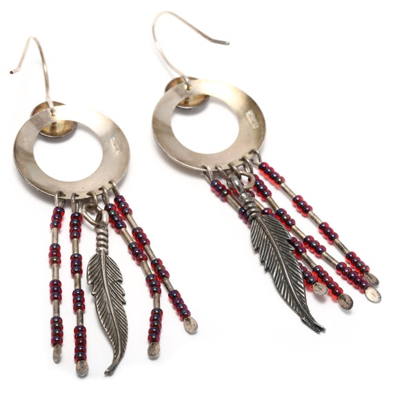 Vintage Feather Dream Catcher Dangle Earrings, St… - image 2