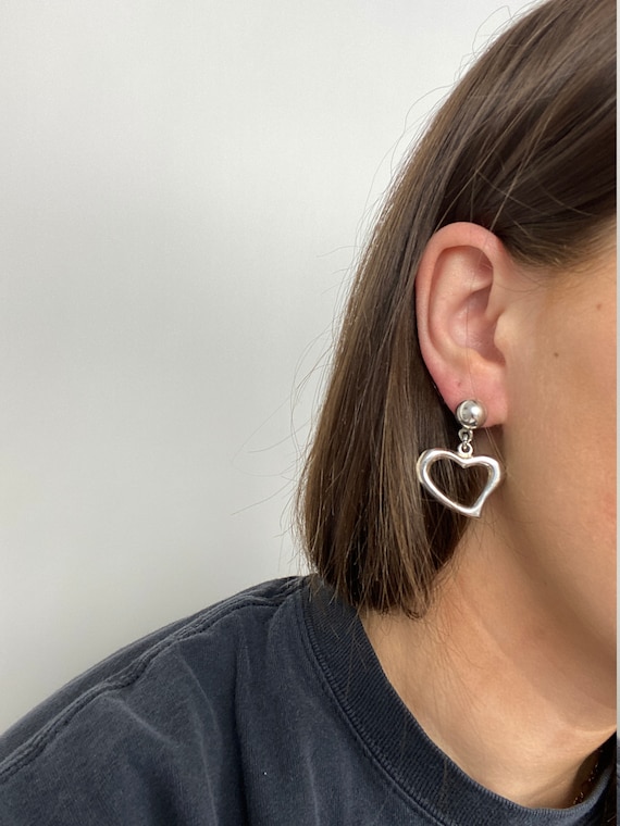 Vintage Mexican Open Heart Dangle Earrings Sterling Silver