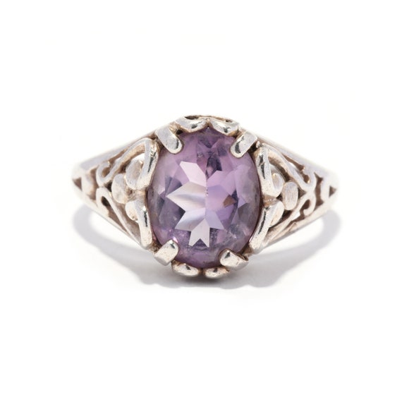 Sterling Silver Oval Amethyst Filigree Heart Ring - image 1