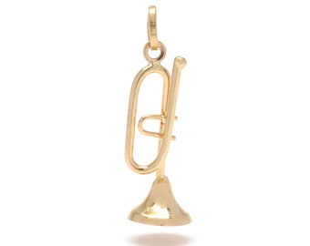 Small Gold Trumpet Charm, 18K Yellow Gold, Length 1 Inch, Musical Charm, Brass Instrument Charm