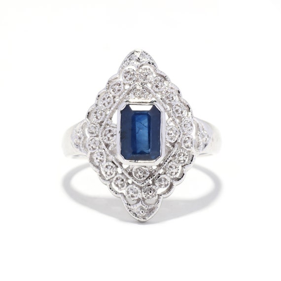 1.30 ct Natural Blue Sapphire Navette Ring, Plati… - image 1