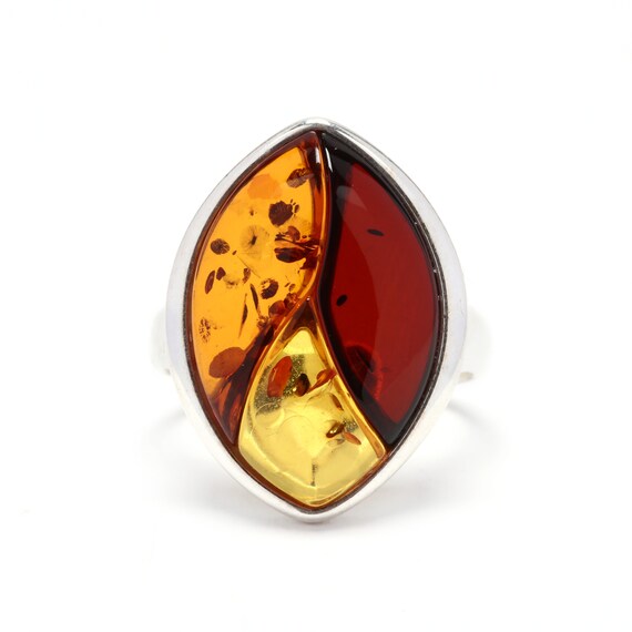Polish Sterling Silver & Amber Navette Ring