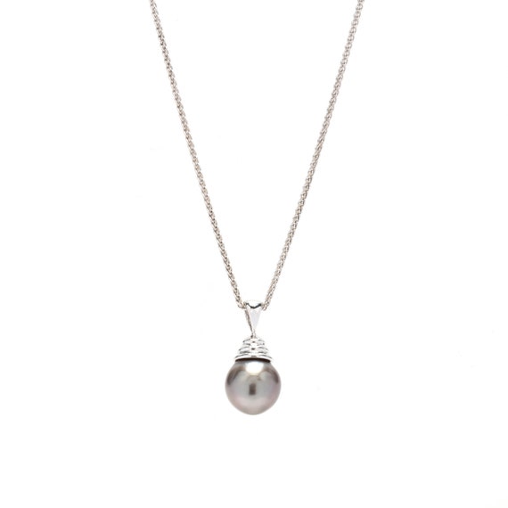 Tahitian Pearl Pendant Necklace, 18K White Gold, … - image 1