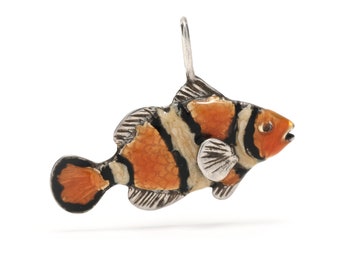 Orange Enamel Clownfish Pendant, Sterling Silver, Length 1 Inch, Small Clownfish Charm