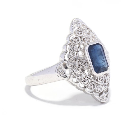 1.30 ct Natural Blue Sapphire Navette Ring, Plati… - image 2