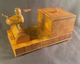 Vintage Wooden Cigarette Dispenser with Bird Figurine