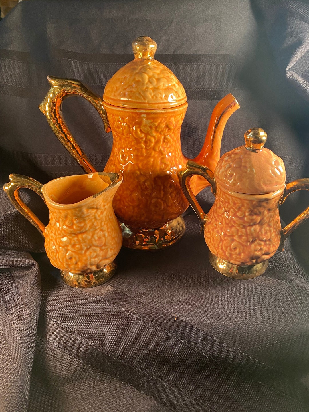 Vintage Ceramic Orange and Gold Tea Set With Creamer and Sugar Servers