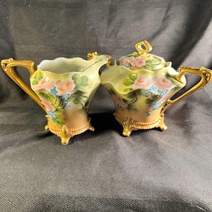 Vintage German Porcelain Creamer and Sugar Bowl Set with Hand-Painted Floral Design