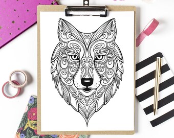 Wolf Adult Coloring Etsy
