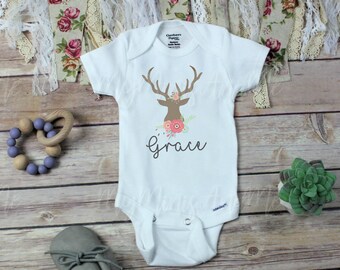 Floral Deer Onesie®, Custom Name bodysuit or Toddler Shirt Deer, Antler, Baby girl, One-piece, Baby Shower Gift, personalized.