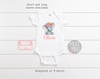 Elephant personalized name Onesie® Cute floral Elephant Infant bodysuit or Toddler T-shirt, Baby shower gifts.