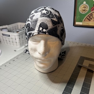 Black White Tarot Cards, Skeleton, Durag, Skull Cap, Du Rag, Hat, Chemo Cap, Surgical Hat, Motorcycle Biker, Doo Rag,