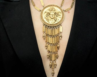 Huge Over the Top Vintage Gilt and Crystal Art Noveau Medallion Necklace by Goldette 1960s