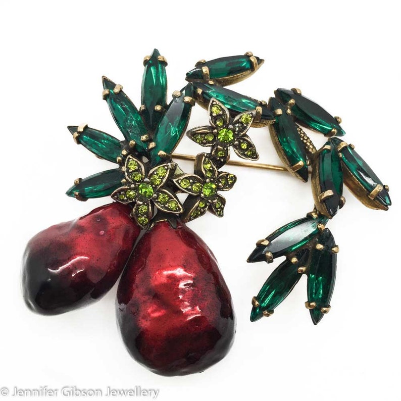 JENNIFER GIBSON JEWELLERY Hobe Crystal Enamel Fruit Earrings Brooch 1960s Vintage Set image 2