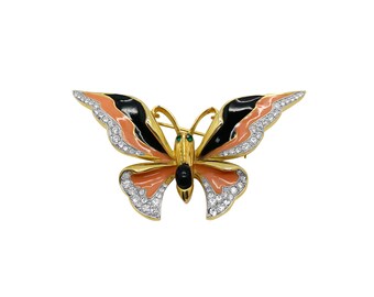 Jennifer Gibson Jewellery 1960s Vintage Coral and Black Enamel Butterfly Brooch