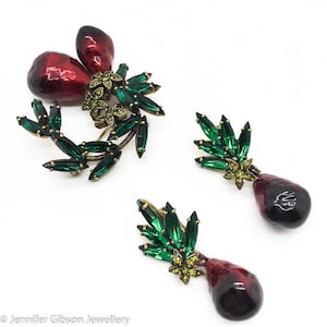 JENNIFER GIBSON JEWELLERY Hobe Crystal Enamel Fruit Earrings Brooch 1960s Vintage Set image 1