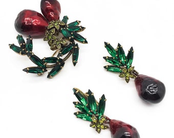 JENNIFER GIBSON JEWELLERY Hobe Crystal Enamel Fruit Earrings Brooch 1960s Vintage Set