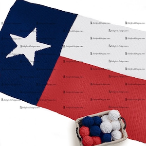 Könnte beinhalten: Gehäkelte Texas-Flagge in Blau, Weiß und Rot. Die Flagge zeigt einen großen weißen Stern auf blauem Feld, mit einem weißen Streifen und einem roten Streifen. Ein Korb mit Garn in passenden Farben befindet sich in der Nähe.