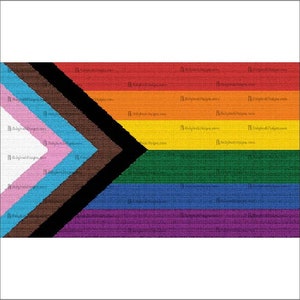 May include: A pride flag with a black and brown chevron on a white background. The chevron is pointing to the right. The flag has the traditional rainbow colors of red, orange, yellow, green, blue, and purple.