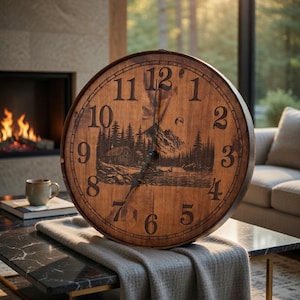 24-inch wall clock featuring a whiskey barrel ring.