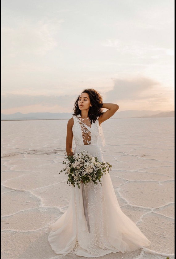 Salt One-of-a-Kind Wedding Dress | Size 4 | Plunging Neckline, Sleeveless, Transparent Back