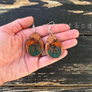 Hand-Painted Blue & Orange Pumpkin Teardrop Dangle Earrings – Fall/Autumn-Inspired Jewelry