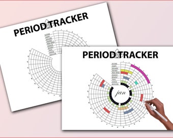 May include: A printable period tracker chart with a circular design. The chart has a grid with sections for tracking different symptoms, including bleeding, cramps, mood swings, and headaches. The chart is labeled "PERIOD TRACKER" and includes the month "Jan".