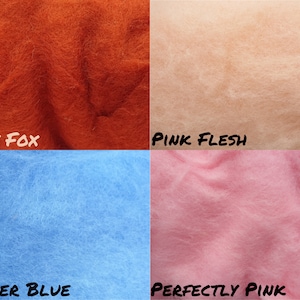 Puede incluir: Cuatro muestras de lana de diferentes colores: zorro oxidado, carne rosa, azul polvo y rosa perfecto.