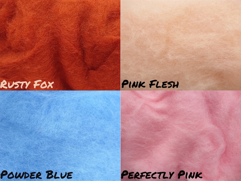 Puede incluir: Cuatro muestras de lana de diferentes colores: zorro oxidado, carne rosa, azul polvo y rosa perfecto.