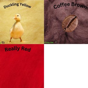 Puede incluir: Tres muestras de tela, una amarilla con el texto "Duckling Yellow", una marr&oacute;n con el texto "Coffee Brown" y una roja con el texto "Really Red".