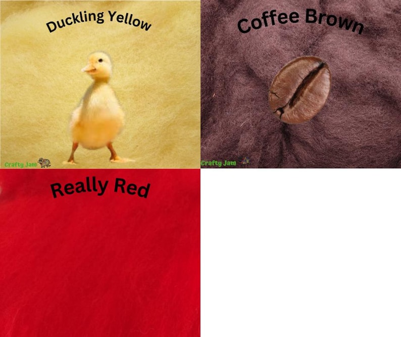 Puede incluir: Tres muestras de tela, una amarilla con el texto "Duckling Yellow", una marr&oacute;n con el texto "Coffee Brown" y una roja con el texto "Really Red".