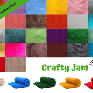 Puede incluir: Una variedad de colores de vell&oacute;n de lana, incluyendo rojo, naranja, amarillo, verde, azul, morado, marr&oacute;n, rosa y gris. La lana est&aacute; dispuesta en un patr&oacute;n de cuadr&iacute;cula. El texto "Nuevos colores a&ntilde;adidos" est&aacute; en la esquina superior izquierda de la imagen. El texto "Crafty Jam" est&aacute; en el centro inferior de la imagen.