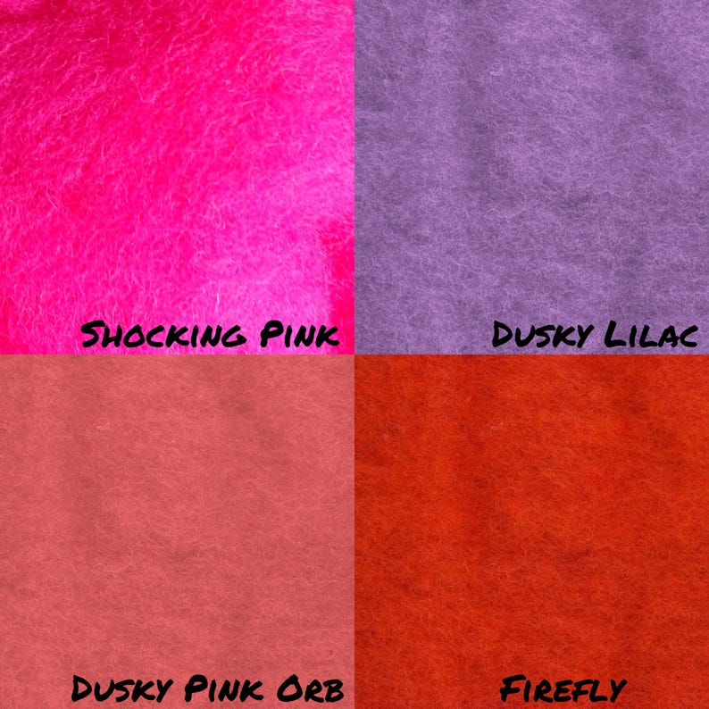 Puede incluir: Cuatro muestras de tela en diferentes colores: rosa impactante, lila oscuro, rosa polvoriento y luci&eacute;rnaga. Las muestras est&aacute;n dispuestas en una cuadr&iacute;cula.