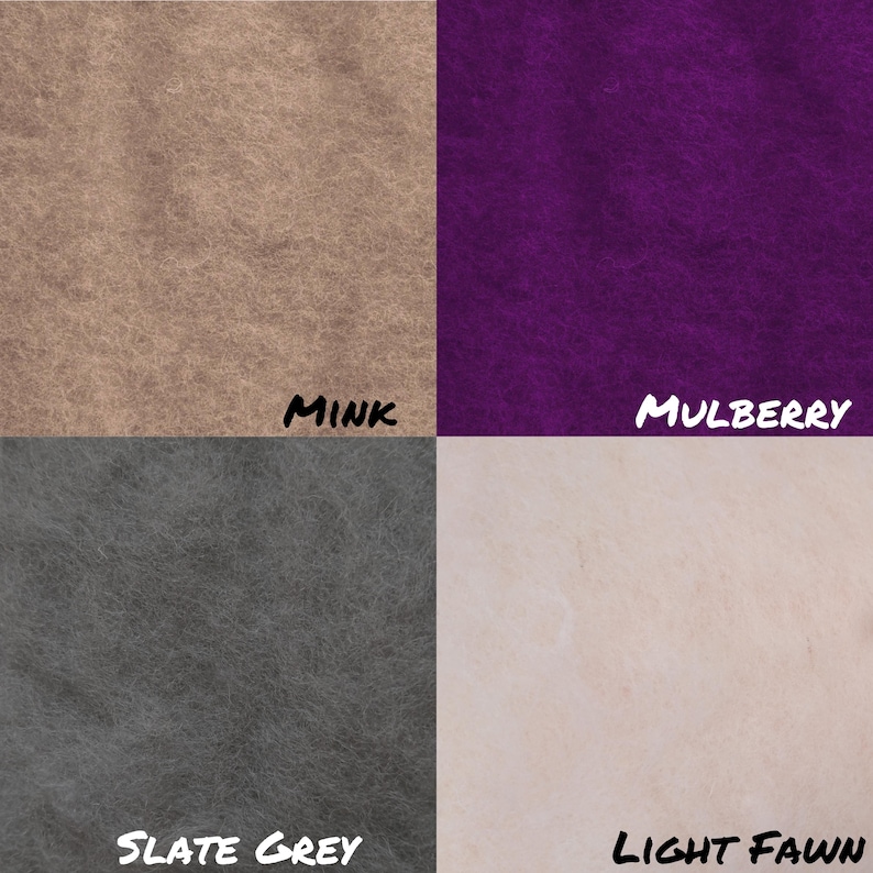 Puede incluir: Cuatro muestras de tela en diferentes colores: marr&oacute;n claro, morado, gris oscuro y beige claro. Las muestras est&aacute;n etiquetadas como "Mink", "Mulberry", "Slate Grey" y "Light Fawn".