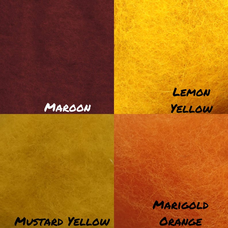 Puede incluir: Cuatro cuadrados de fieltro de diferentes colores: granate, amarillo lim&oacute;n, amarillo mostaza y naranja.