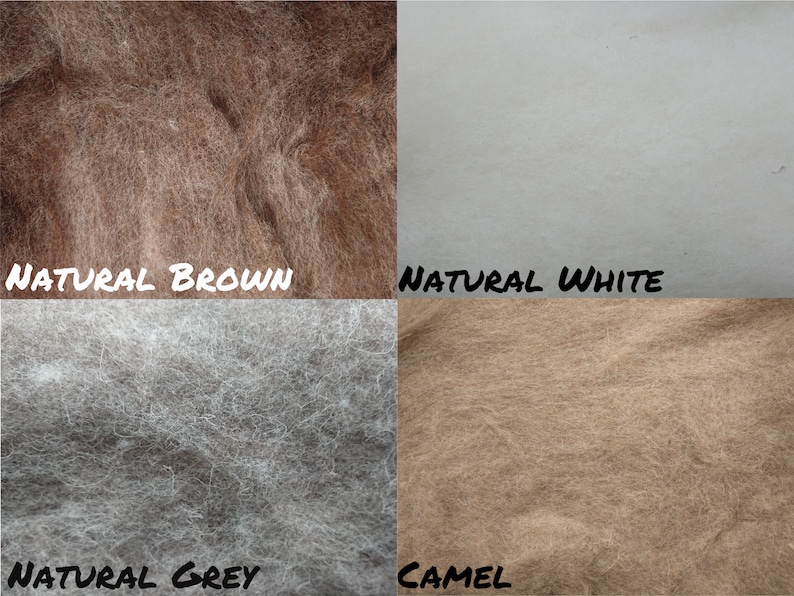Puede incluir: Cuatro muestras de fibra de lana en diferentes colores naturales: marr&oacute;n natural, blanco natural, gris natural y camel.