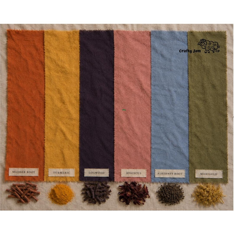 Puede incluir: Seis muestras de tela rectangulares te&ntilde;idas en naranja, amarillo, morado oscuro, rosa, azul y verde oliva. Cada muestra tiene una etiqueta blanca con texto: Madder Root, Turmeric, Logwood, Hibiscus, Alkernet Root y Marigold. Materiales crudos debajo.