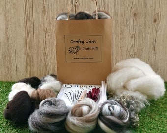 Kit de inicio de fieltro de agujas de animales naturales 3D Lana, agujas, estera, ojos de colores