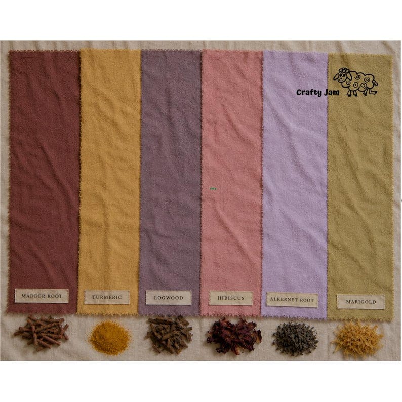 Puede incluir: Seis tiras verticales de tela te&ntilde;idas en tonos rojo oscuro, amarillo, morado, rosa, morado claro y verde oliva. Cada tira tiene una etiqueta que identifica la fuente de tinte natural: Madder Root, Turmeric, Logwood, Hibiscus, Alkernet Root y Marigold.