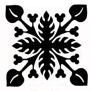 May include: Black floral design with leaf and Mickey Mouse-shaped accents. The symmetrical pattern features large leaves at the corners and a central cluster of leaves. The design is suitable for crafts and DIY projects.