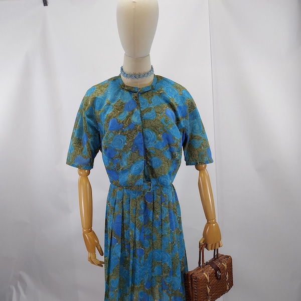 Early 1960s Dauphine Floral Teal and Green Midi Dress and Jacket Set 42"B 30"W