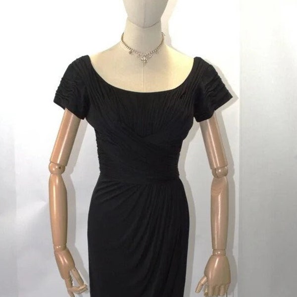 1950s Ceil Chapman Silk Ruched Black Cocktail Dress Bust 34" Waist 26"