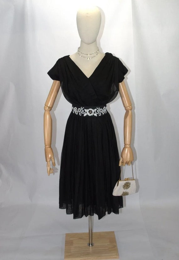 1950s Miss Elliette Black Cotton Dress with Beaded